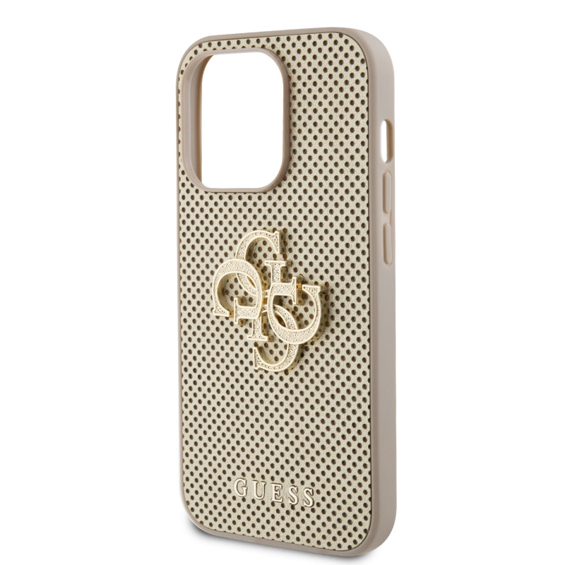 Guess PU Perforated 4G Glitter Metal Logo Zadný Kryt pre iPhone 15 Pro Max Gold