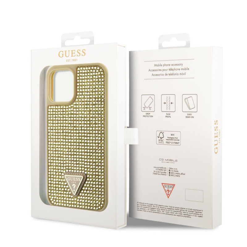 Guess Rhinestones Triangle Metal Logo Kryt pre iPhone 12 Pro Max Gold