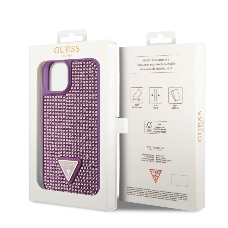 Guess Rhinestones Triangle Metal Logo Kryt pre iPhone 13 Purple