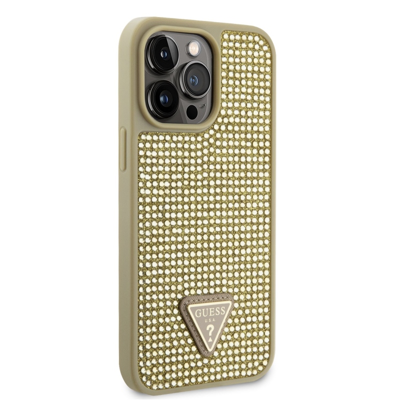 Guess Rhinestones Triangle Metal Logo Kryt pre iPhone 14 Pro Max Gold