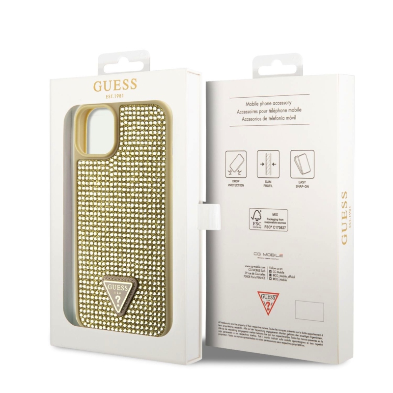 Guess Rhinestones Triangle Metal Logo Kryt pre iPhone 15 Gold