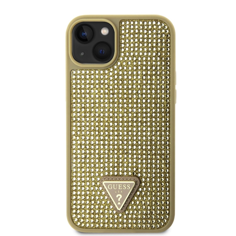 Guess Rhinestones Triangle Metal Logo Kryt pre iPhone 15 Gold