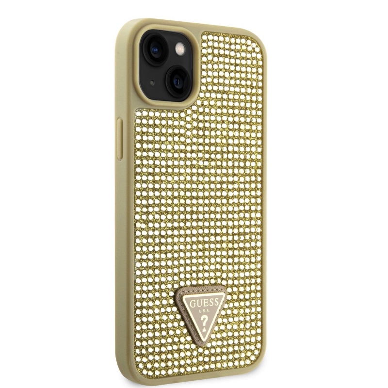 Guess Rhinestones Triangle Metal Logo Kryt pre iPhone 15 Gold