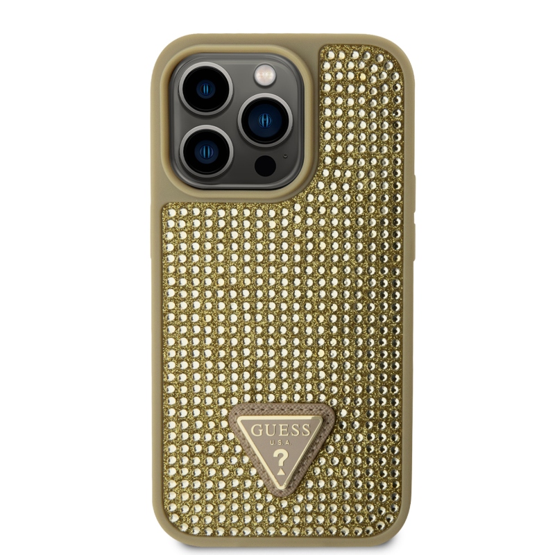 Guess Rhinestones Triangle Metal Logo Kryt pre iPhone 15 Pro Gold