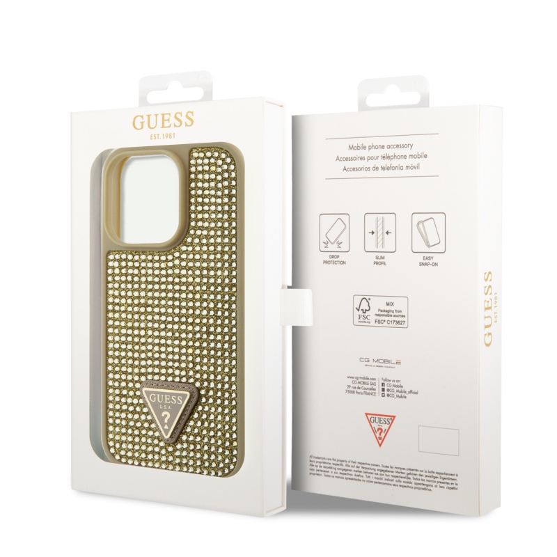 Guess Rhinestones Triangle Metal Logo Kryt pre iPhone 15 Pro Gold