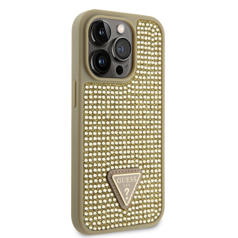 Guess Rhinestones Triangle Metal Logo Kryt pre iPhone 15 Pro Gold