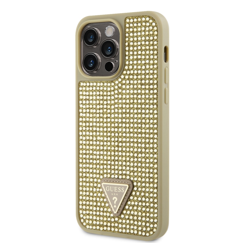 Guess Rhinestones Triangle Metal Logo Kryt pre iPhone 15 Pro Max Gold