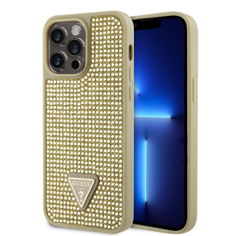 Guess Rhinestones Triangle Metal Logo Kryt pre iPhone 15 Pro Max Gold