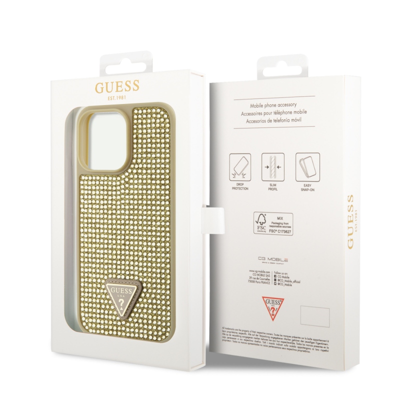 Guess Rhinestones Triangle Metal Logo Kryt pre iPhone 15 Pro Max Gold