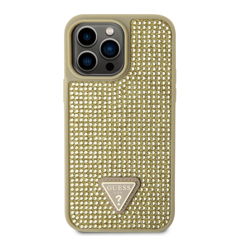 Guess Rhinestones Triangle Metal Logo Kryt pre iPhone 15 Pro Max Gold