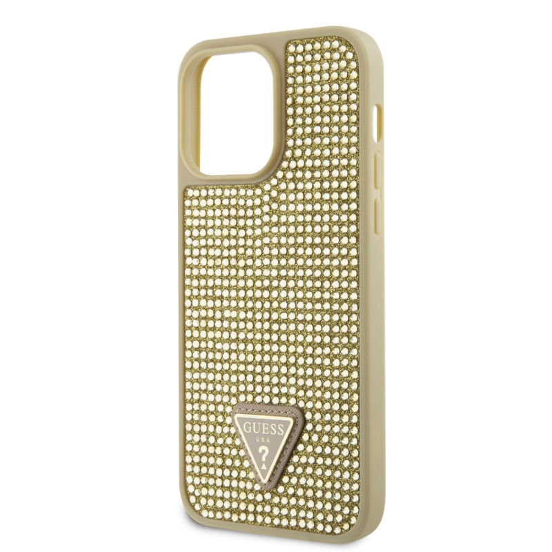 Guess Rhinestones Triangle Metal Logo Kryt pre iPhone 15 Pro Max Gold