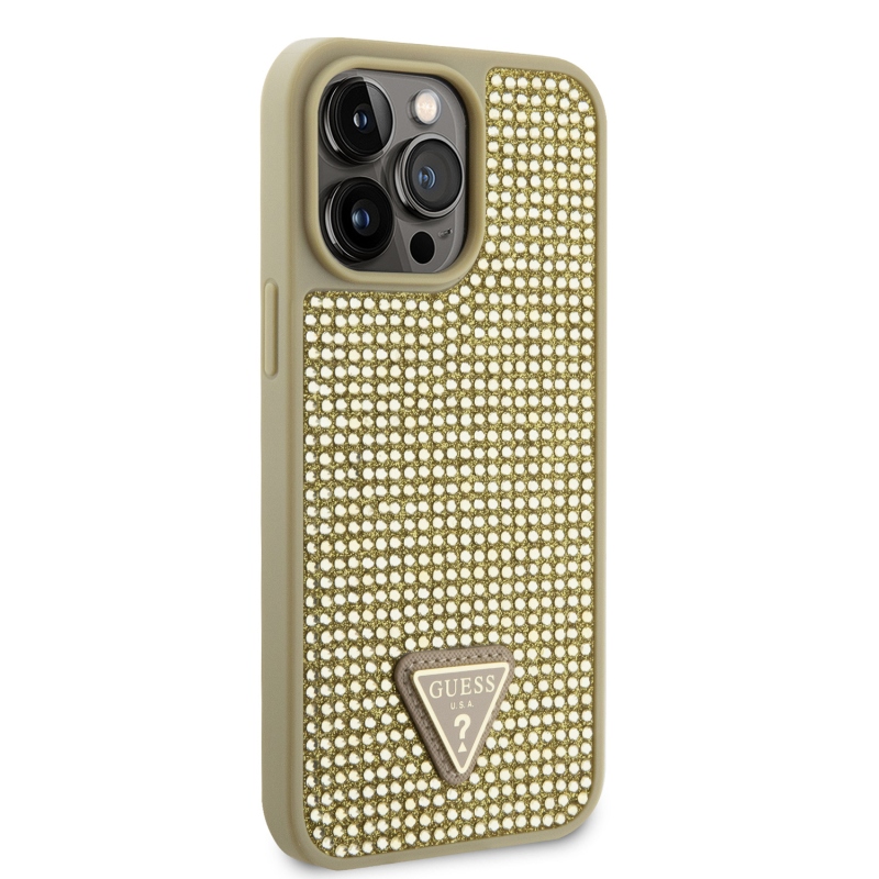 Guess Rhinestones Triangle Metal Logo Kryt pre iPhone 15 Pro Max Gold