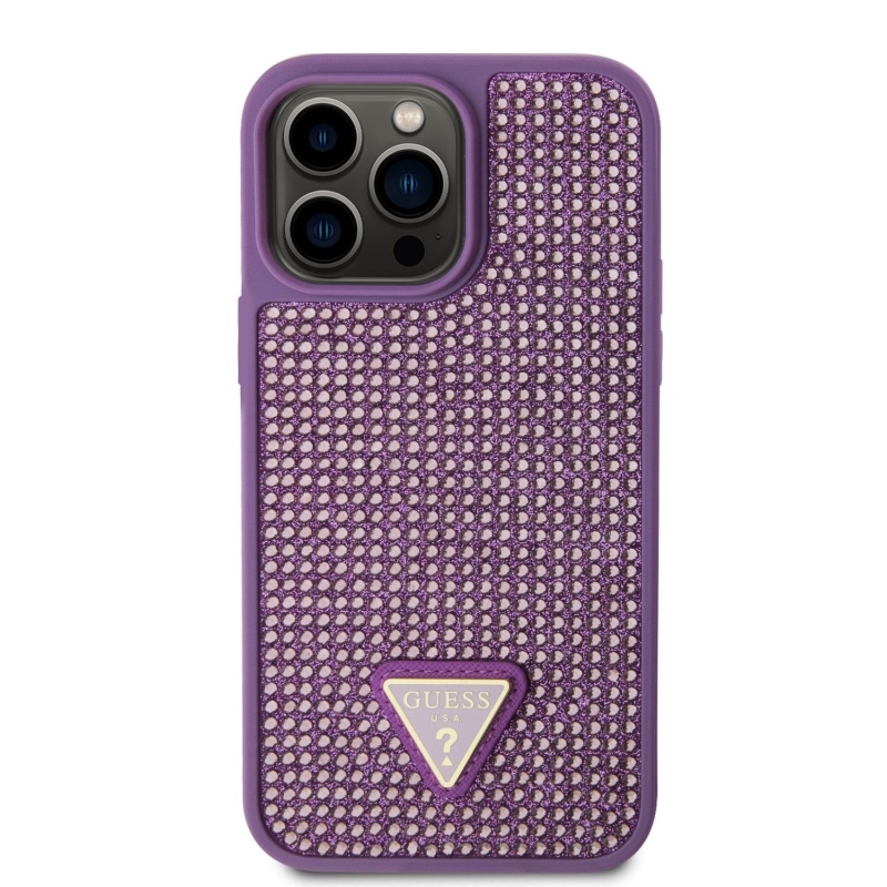 Guess Rhinestones Triangle Metal Logo Kryt pre iPhone 15 Pro Max Purple