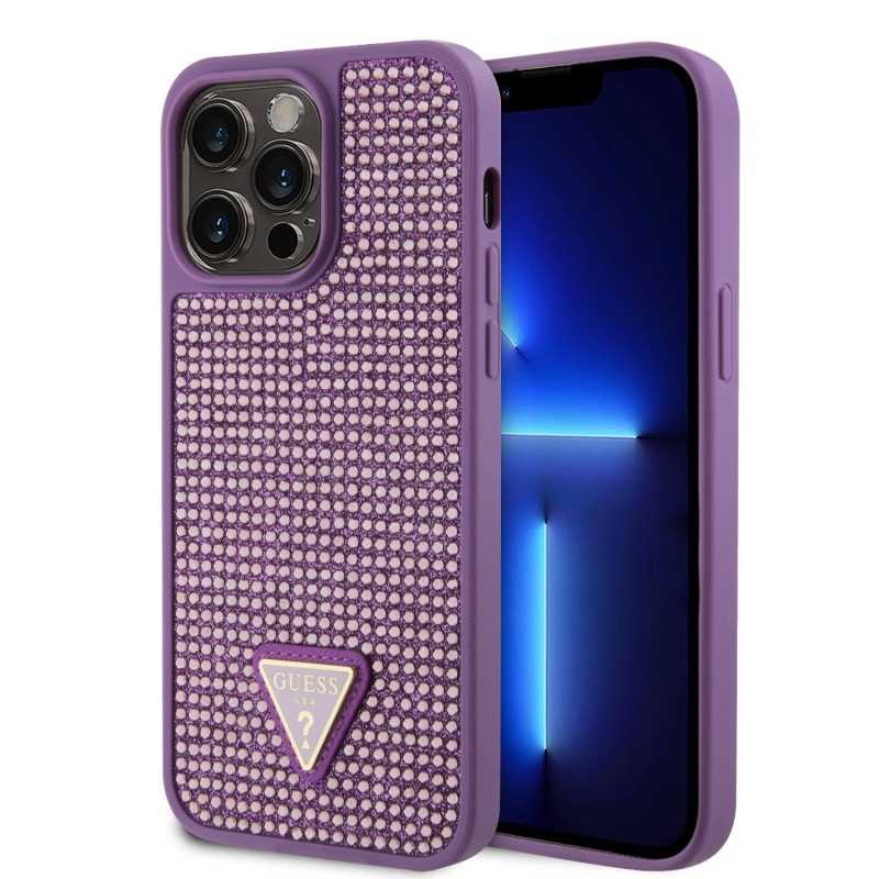 Guess Rhinestones Triangle Metal Logo Kryt pre iPhone 15 Pro Max Purple