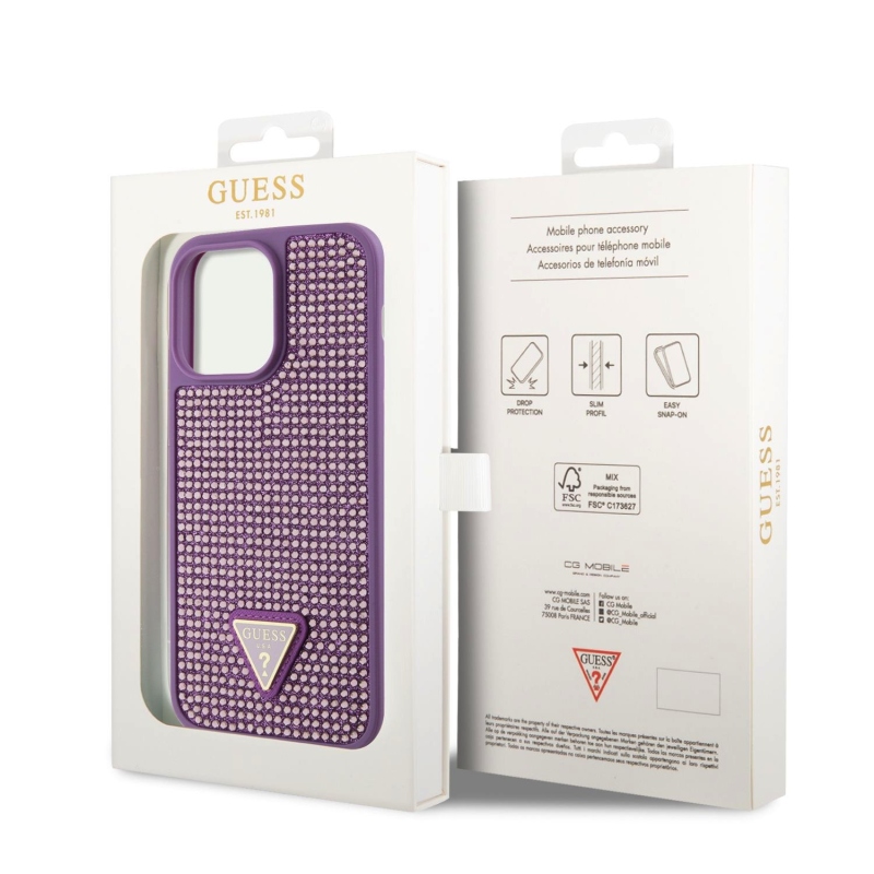 Guess Rhinestones Triangle Metal Logo Kryt pre iPhone 15 Pro Max Purple