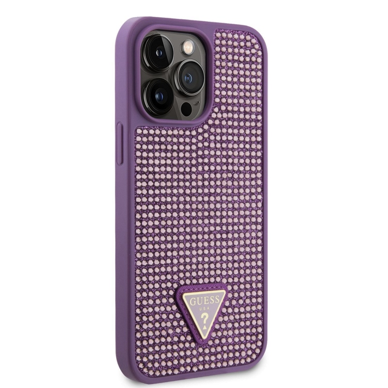 Guess Rhinestones Triangle Metal Logo Kryt pre iPhone 15 Pro Max Purple