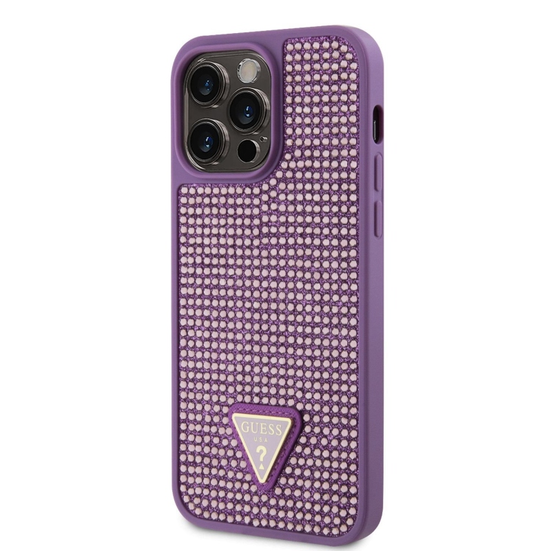 Guess Rhinestones Triangle Metal Logo Kryt pre iPhone 15 Pro Max Purple