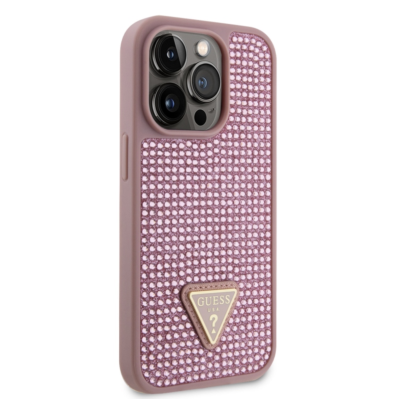 Guess Rhinestones Triangle Metal Logo Kryt pre iPhone 15 Pro Pink