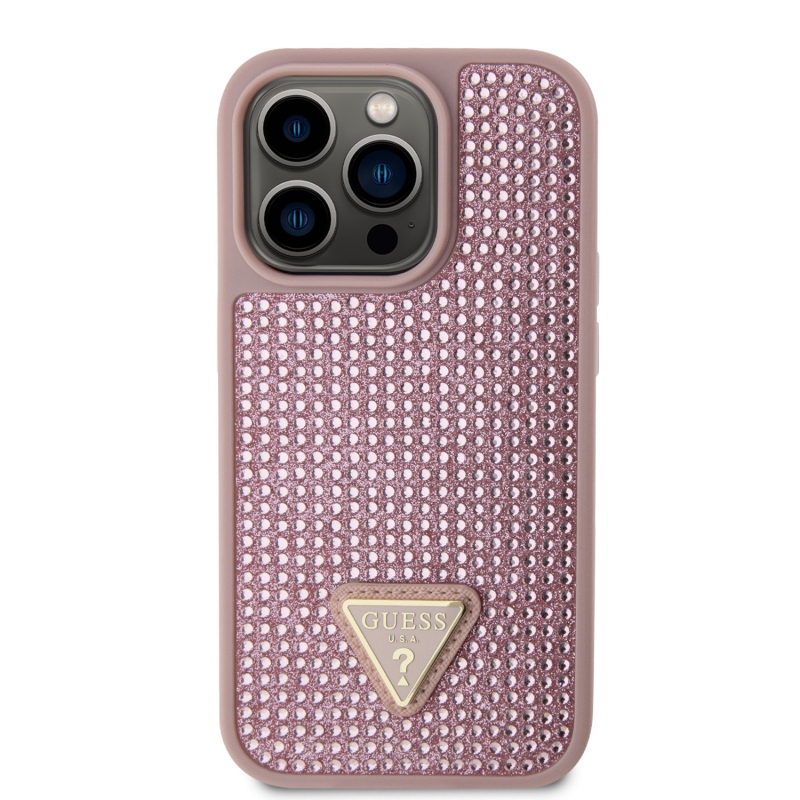 Guess Rhinestones Triangle Metal Logo Kryt pre iPhone 15 Pro Pink