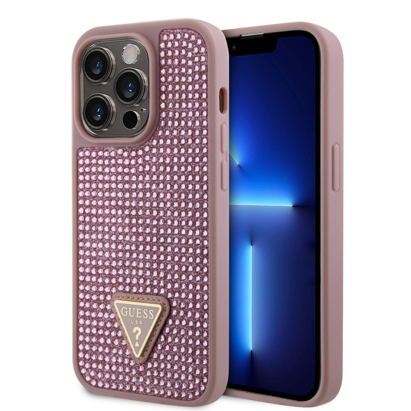 Guess Rhinestones Triangle Metal Logo Kryt pre iPhone 15 Pro Pink