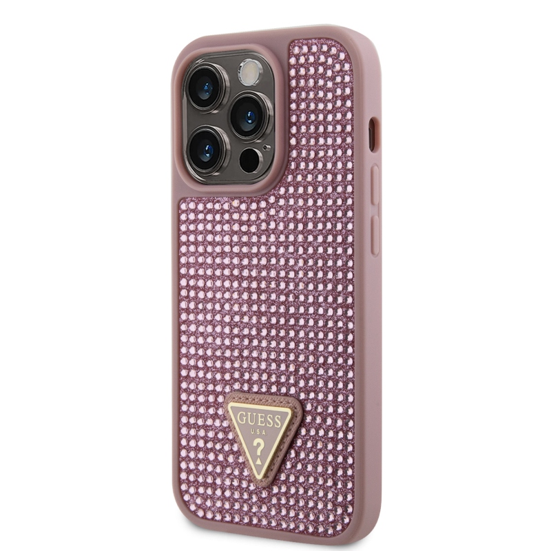 Guess Rhinestones Triangle Metal Logo Kryt pre iPhone 15 Pro Pink