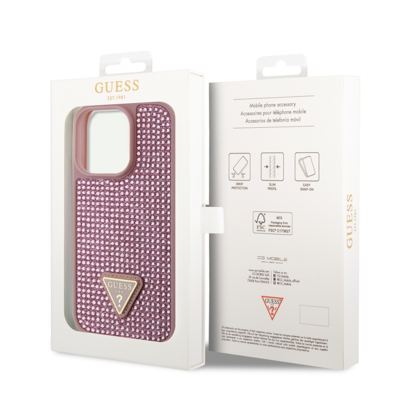 Guess Rhinestones Triangle Metal Logo Kryt pre iPhone 15 Pro Pink