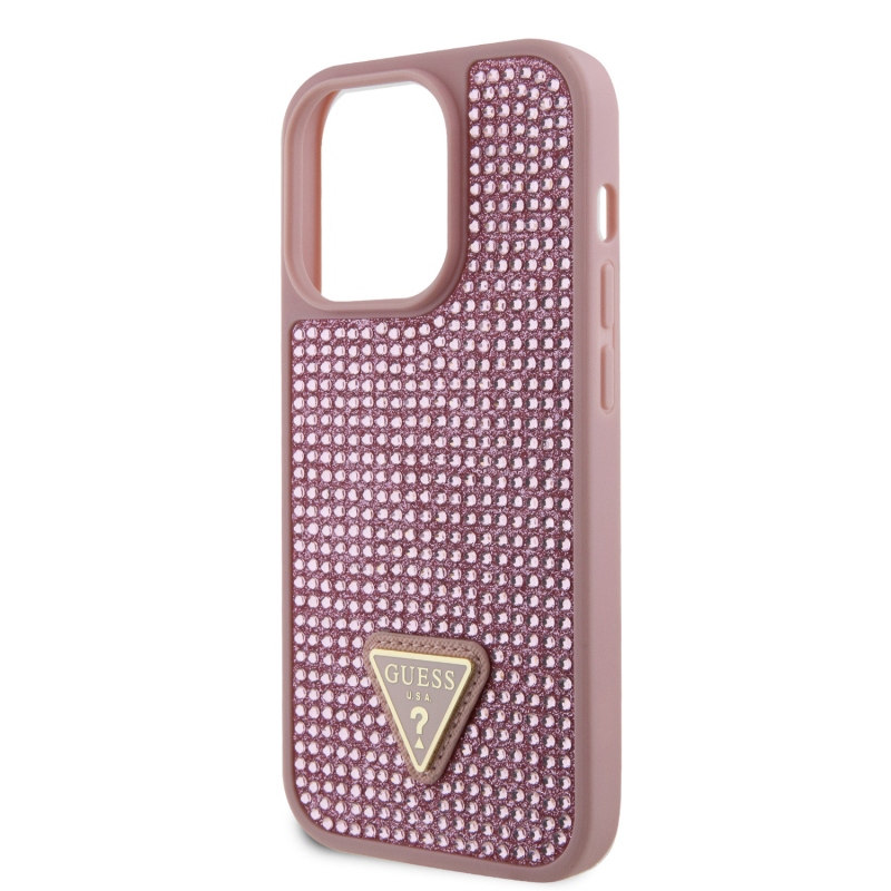 Guess Rhinestones Triangle Metal Logo Kryt pre iPhone 15 Pro Pink