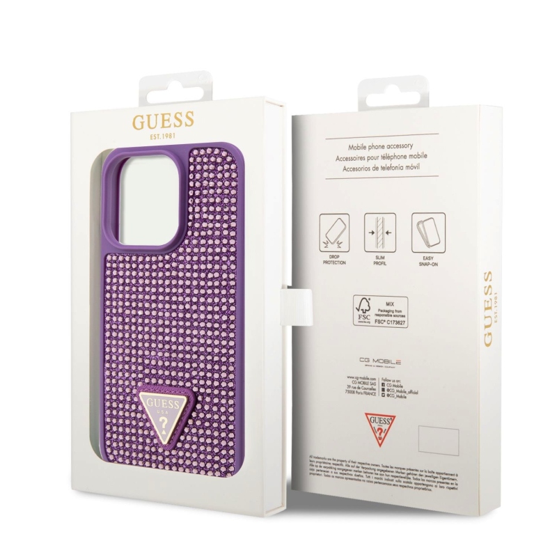 Guess Rhinestones Triangle Metal Logo Kryt pre iPhone 15 Pro Purple