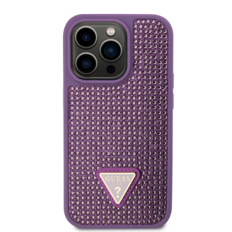 Guess Rhinestones Triangle Metal Logo Kryt pre iPhone 15 Pro Purple