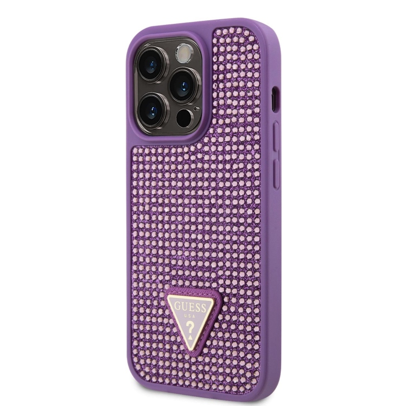 Guess Rhinestones Triangle Metal Logo Kryt pre iPhone 15 Pro Purple