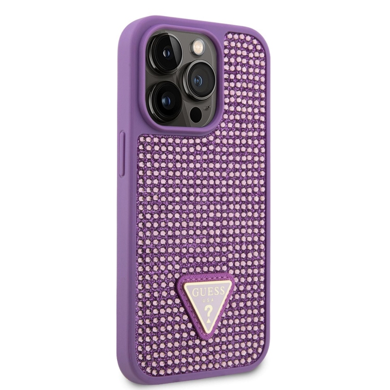 Guess Rhinestones Triangle Metal Logo Kryt pre iPhone 15 Pro Purple