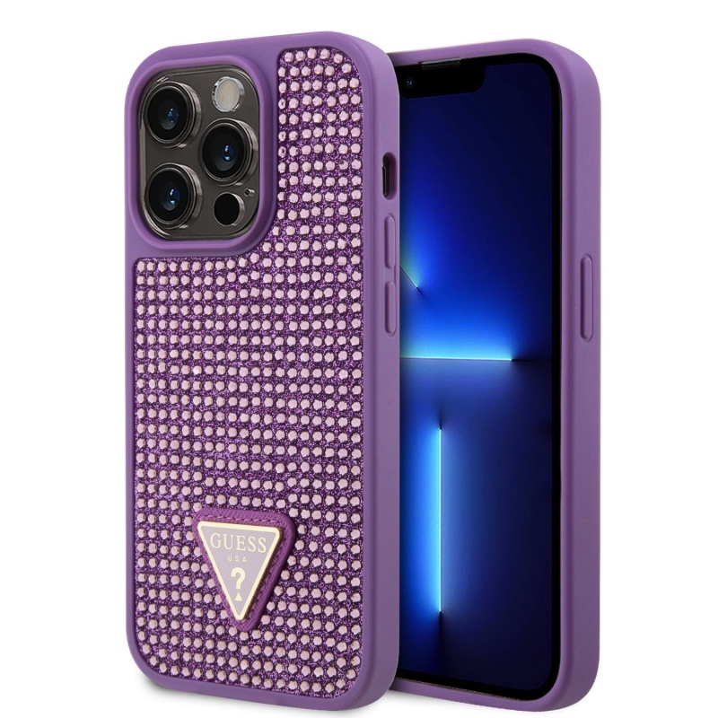 Guess Rhinestones Triangle Metal Logo Kryt pre iPhone 15 Pro Purple