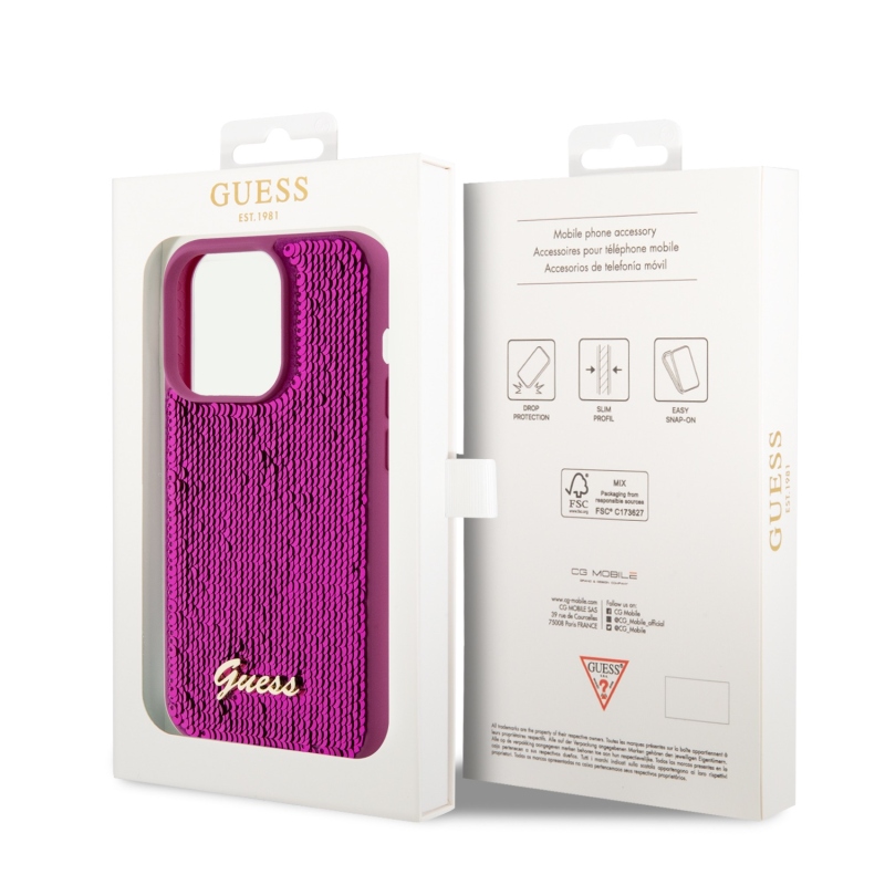 Guess Sequin Script Logo Zadný Kryt pre iPhone 14 Pro Magenta