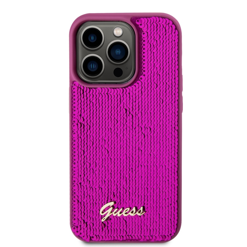 Guess Sequin Script Logo Zadný Kryt pre iPhone 14 Pro Magenta