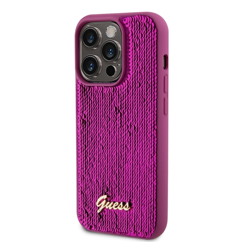 Guess Sequin Script Logo Zadný Kryt pre iPhone 14 Pro Magenta