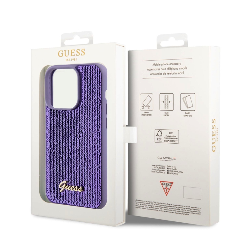 Guess Sequin Script Logo Zadný Kryt pre iPhone 14 Pro Max Purple