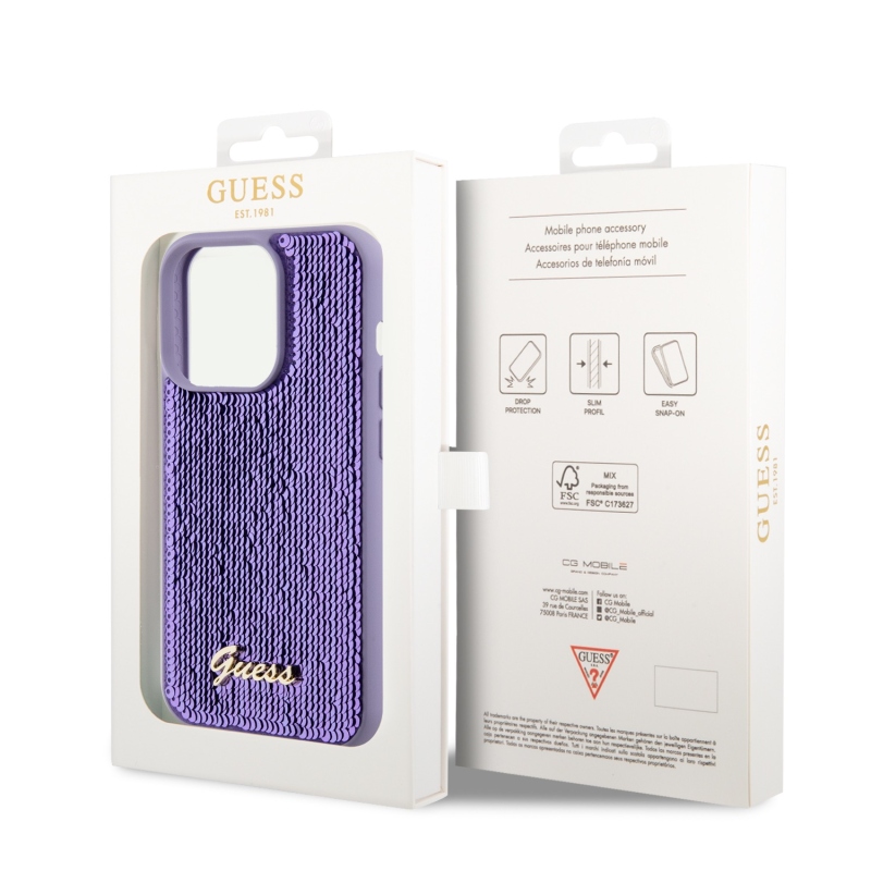 Guess Sequin Script Logo Zadný Kryt pre iPhone 14 Pro Purple