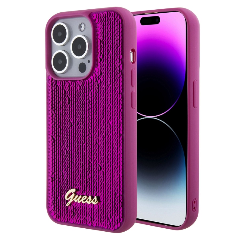 Guess Sequin Script Logo Zadný Kryt pre iPhone 15 Pro Max Magenta