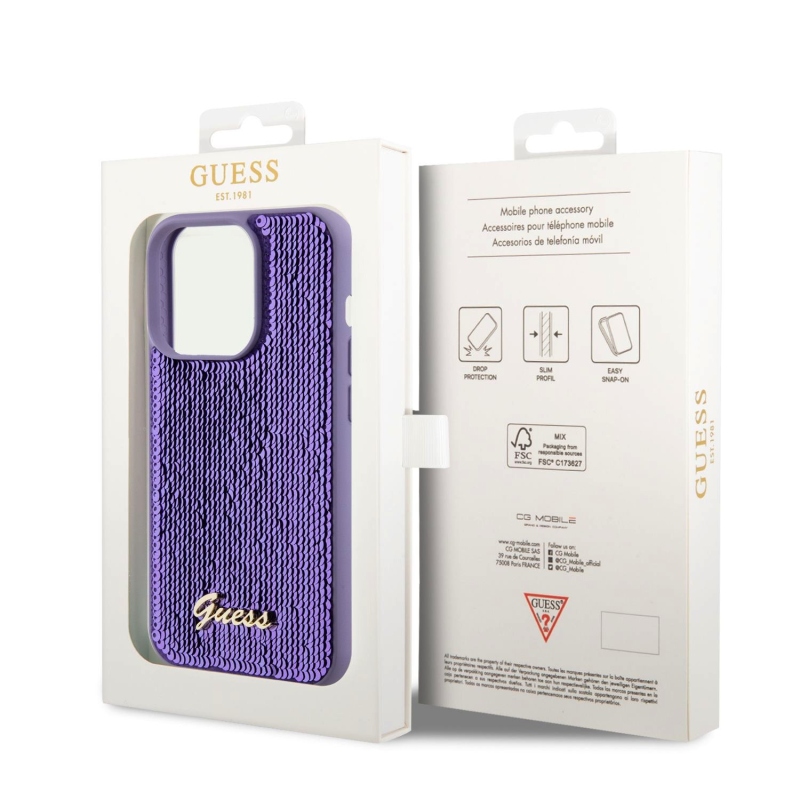 Guess Sequin Script Logo Zadný Kryt pre iPhone 15 Pro Purple