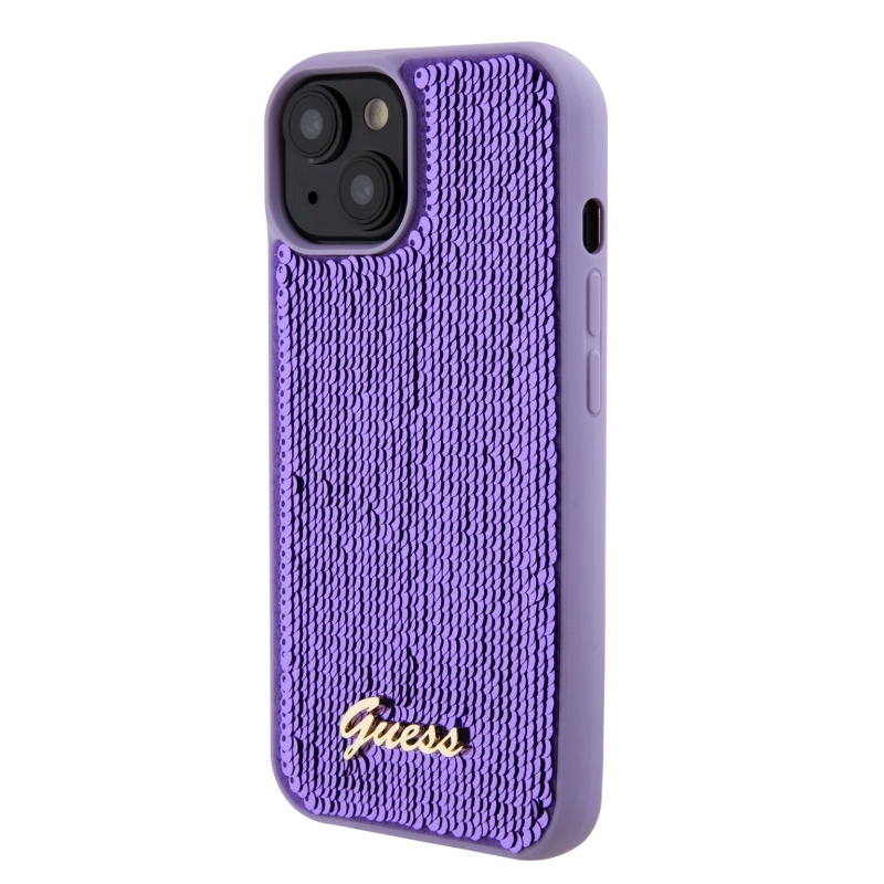 Guess Sequin Script Logo Zadný Kryt pre iPhone 15 Purple