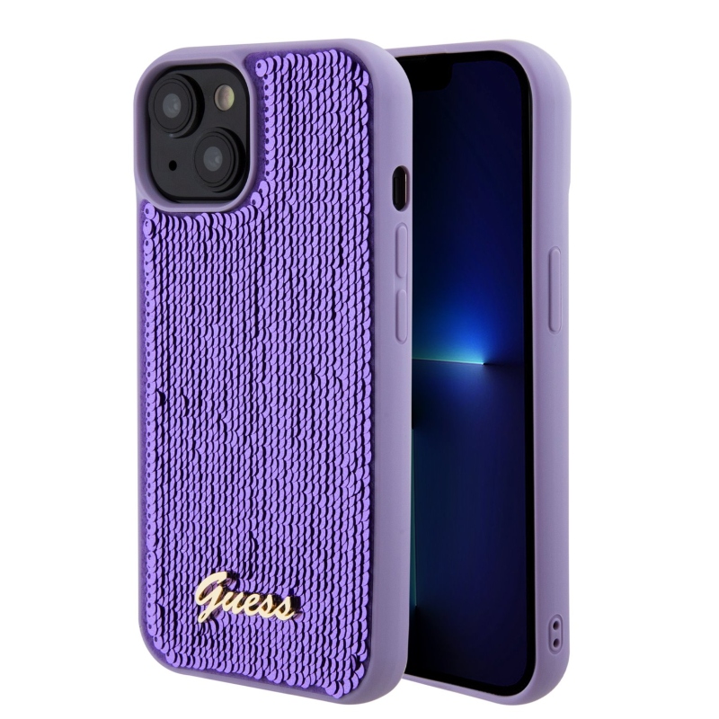 Guess Sequin Script Logo Zadný Kryt pre iPhone 15 Purple