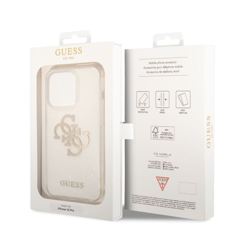 Guess TPU Big 4G Full Glitter Zadný Kryt pre iPhone 14 Pro - priehľadný