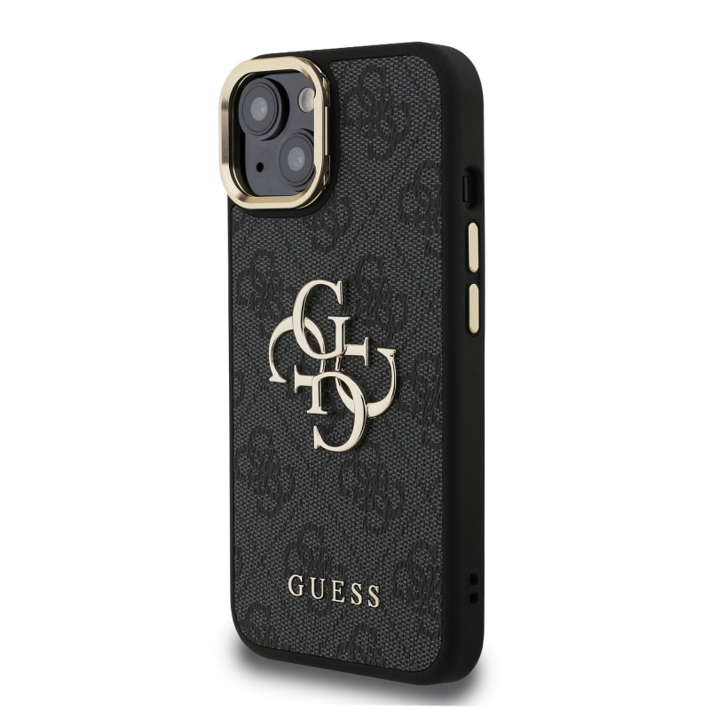 Guess PU 4G Metal Logo Stand Camera Frame Zadný Kryt pre iPhone 14 Black