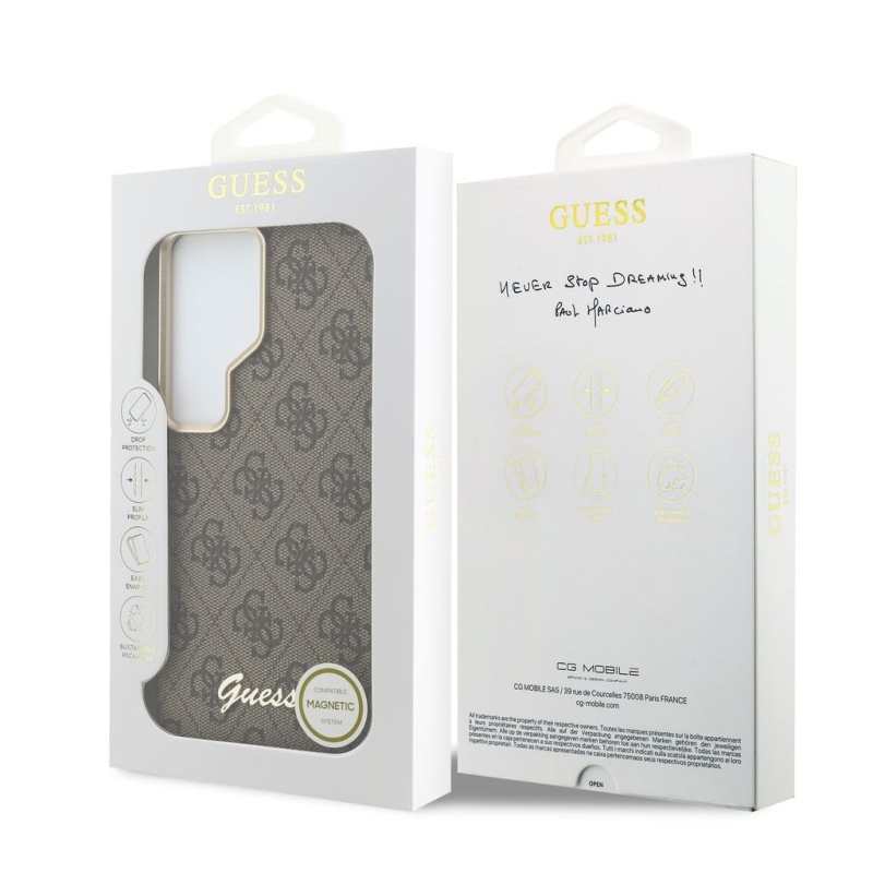 Guess PU 4G Script Metal Logo Magnetický zadný kryt pre Samsung Galaxy S26 Ultra Brown