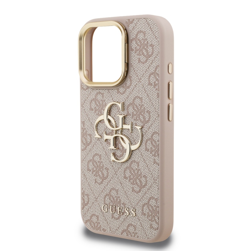 Guess PU 4G Metal Logo Stand Camera Frame Zadný Kryt pre iPhone 16 Pro Pink