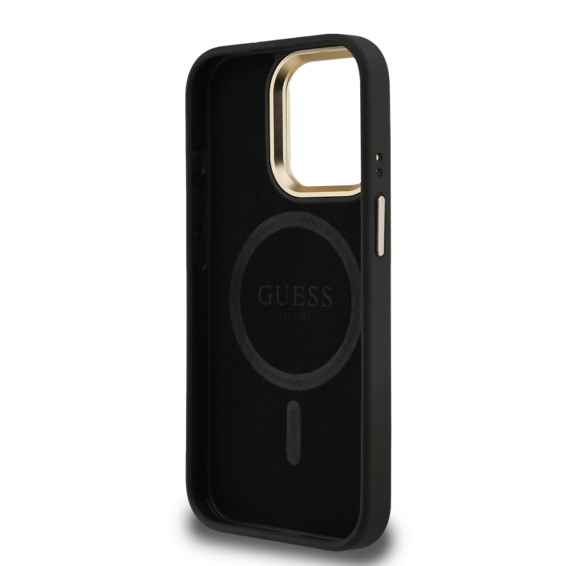 Guess PU 4G Strass Triangle Logo Stand Camera Frame MagSafe Zadný Kryt pre iPhone 15 Pro Black