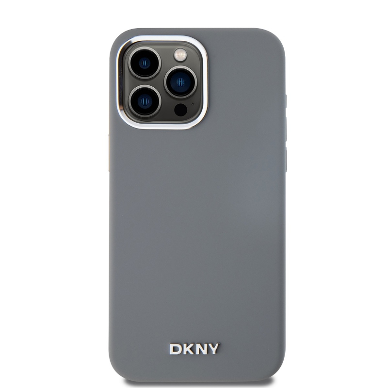 DKNY Liquid Silicone Silver Metal Logo Magsafe Zadný Kryt pre iPhone 15 Pro Max Grey