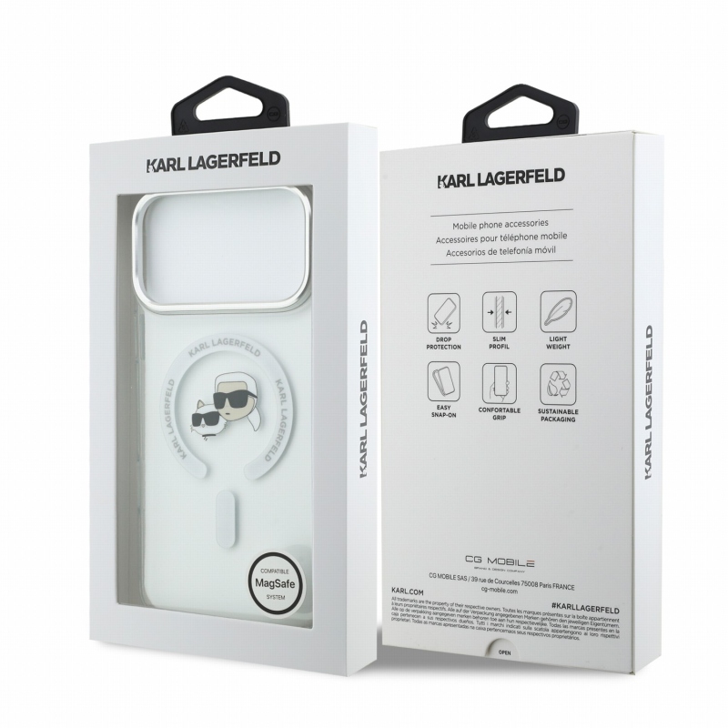 Karl Lagerfeld IML K&CH Heads kovový rám MagSafe zadný kryt pre iPhone 18 Pro Max, biely