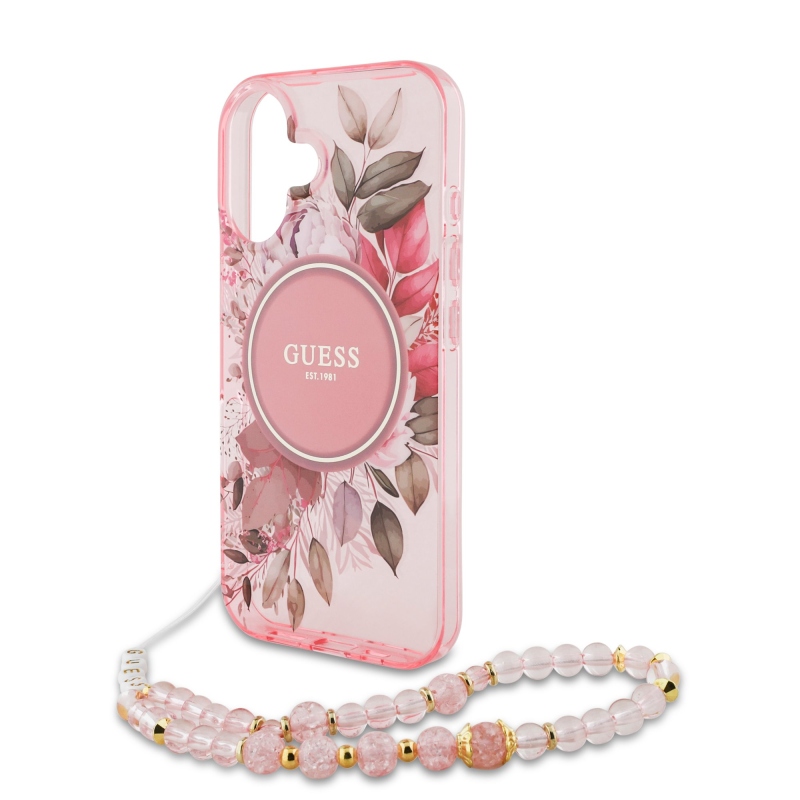 Guess IML Flowers Strap MagSafe zadný kryt pre iPhone 16 Plus Pink