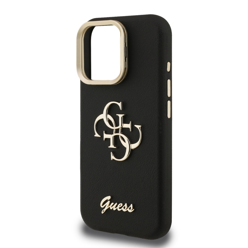 Guess PU Grained 4G Logo Stand Camera Frame Zadný Kryt pre iPhone 16 Pro Max Black